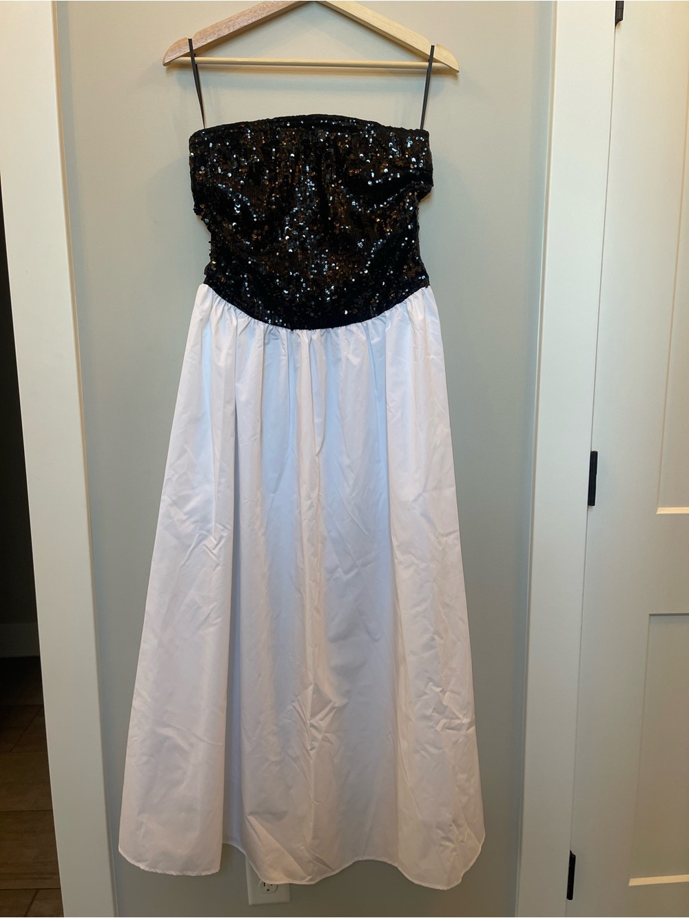 Commense Black Sequin Bodice White Strapless Gown